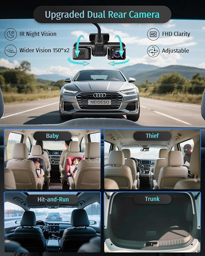 Neideso Dash Cam Front and Rear Inside, STARVIS 2 Sensor, Free 128G Card Included, 5 Channel 360° Dash Camera 2.7K 1944P/HDR, AI Fatigue Driving Monitor, 5G WiFi GPS, IR Night Vision, 24H Parking Mode - Image 5