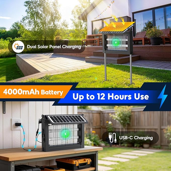 Solar Bug Zapper Outdoor, 4500V Electric Mosquito Zapper with Dual Solar Panels & USB Charging, Auto On/Off Mosquito Killer, IPX5 Waterproof Fly Trap for Backyard Patio Garden Camping, 2100 Sq Ft - Image 3