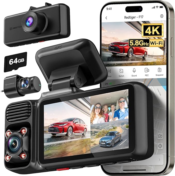REDTIGER F17 &256GB Micro SD Card, 4K 3 Channel Dash Cam, 5GHz WiFi Built-in GPS with 64GB Card, 2160P+1080P+1080P Front and Rear Inside, Triple Car Camera with 3 Inch Screen, IR Night Vision - Image 2