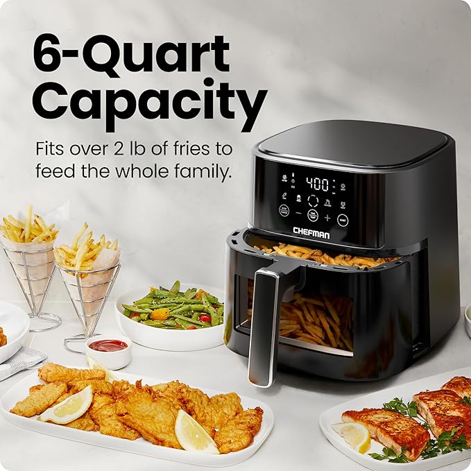 Chefman Air Fryer – 6 QT Compact Airfryer for Quick & Easy Meals, Features Hi-Fry Technology for Extra Crisp, Easy-View Window, Touch Controls with 4 Presets, Nonstick & Dishwasher Safe Basket - Black - Image 3