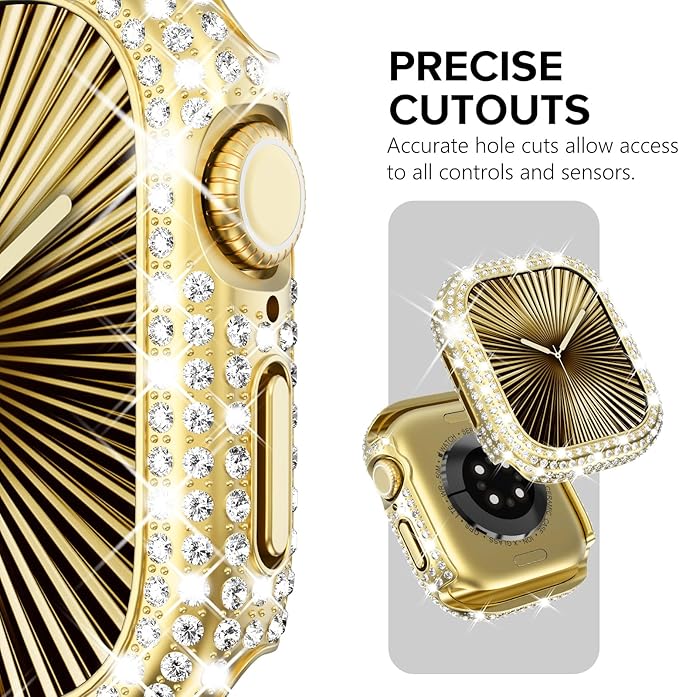 KADES Bling Case Compatible for Apple Watch Series 3/2/1 42mm, Sparkly Full Diamond Protective PC Bumper Cover, Rhinestone Frame for Women, 42mm-Gold - Image 3