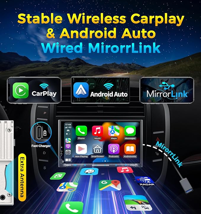PLZ 7" Wireless Double Din Car Stereo Apple Carplay Radio QLED Screen for Car, Android Auto, Bluetooth 5.3, Fast Charger, 1080P Backup Camera, 4.2 Channel Outputs 240W, 2 Subwoofer - Image 2