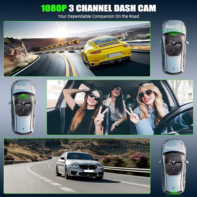 3 Channel Dash Cam Front and Rear Inside, 2.9'' 1080P Dash Camera for Cars,Three Way Triple Car Camera with App Control Super Night Vision,Wide Angle,Loop Recording,G-Sensor,24 Parking Monitor - Image 3