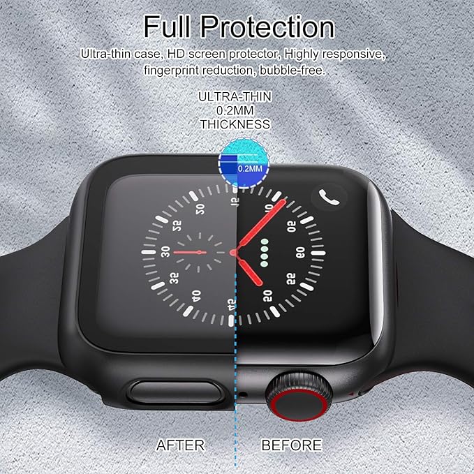 EDIMENS 2 Pack Hard PC Case Compatible with Apple Watch Series 6 / SE / 5/4 44mm Women Men, Overall PC Case Slim Tempered Glass Screen Protector Protective Cover for Apple iWatch 44mm SE Black - Image 7