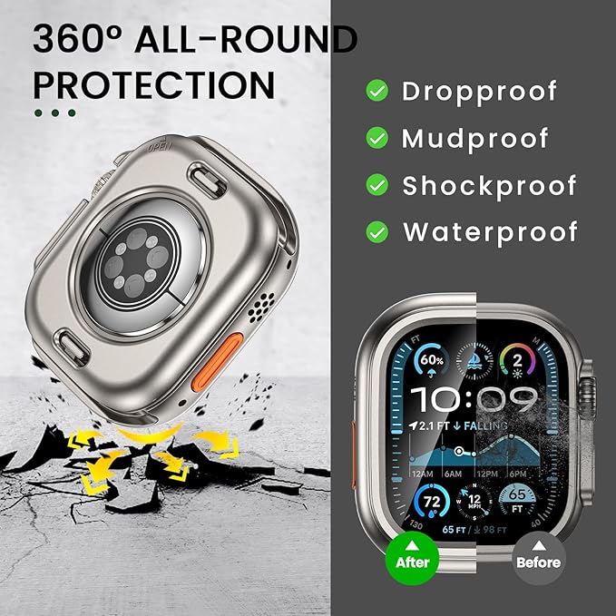 3 in 1 Goton Waterproof Hard Case for Apple Watch Screen Protector 49mm, 360° Slim Full Protective Tempered Glass Face Cover + Back Hard PC Bumper for iWatch Ultra 3/Ultra 2/Ultra, 49mm Titanium - Image 3