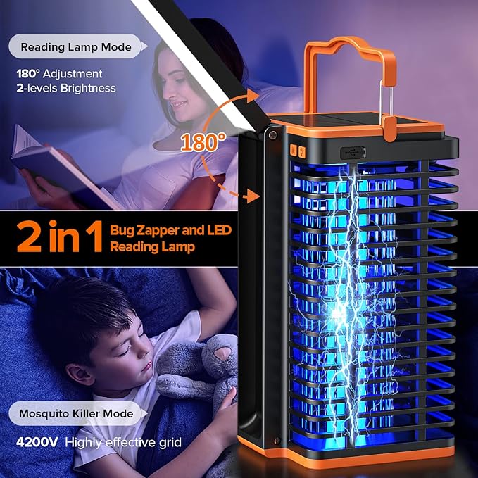 Solar Bug Zapper Outdoor, Rechargeable Mosquito Trap, Mosquito Zapper Indoor with Reading Lamp, 4200V Flying Insect Killer with 4000mAh Battery for Home - Image 3