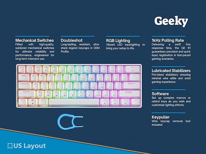 Geeky GK61 SE 60% | Mechanical Gaming Keyboard | 61 Keys Multi Color RGB LED Backlit for PC/Mac Gamer | ANSI US American Layout (White, Mechanical Brown) - Image 2