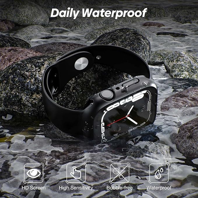 [2 Pack] 2 in 1 Waterproof Case Compatible for Apple Watch 44mm SE Screen Protector Series 6 5 4 Tempered Glass Film PC Face Cover & Back Bumper for iWatch Accessories - 44mm Black x2 - Image 3