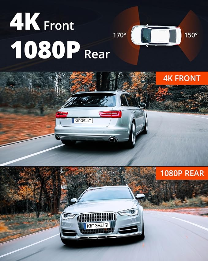 Kingslim 4K Dash Cam with 64GB Card, Front and Rear Car Dashcam Camera for Cars Support WiFi APP GPS, 3" Touchscreen - Image 2