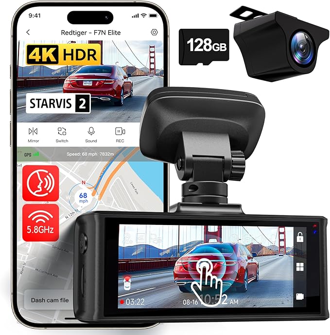 REDTIGER F7N Elite & 33FT WDR, W4K HDR Dash Cam Front and Rear, STARVIS 2 Sensor, 5.8GHz WiFi APP, 3.18" Touchscreen, Voice Control, 128G Card Included, WDR, Dash Camera for Cars with GPS - Image 2