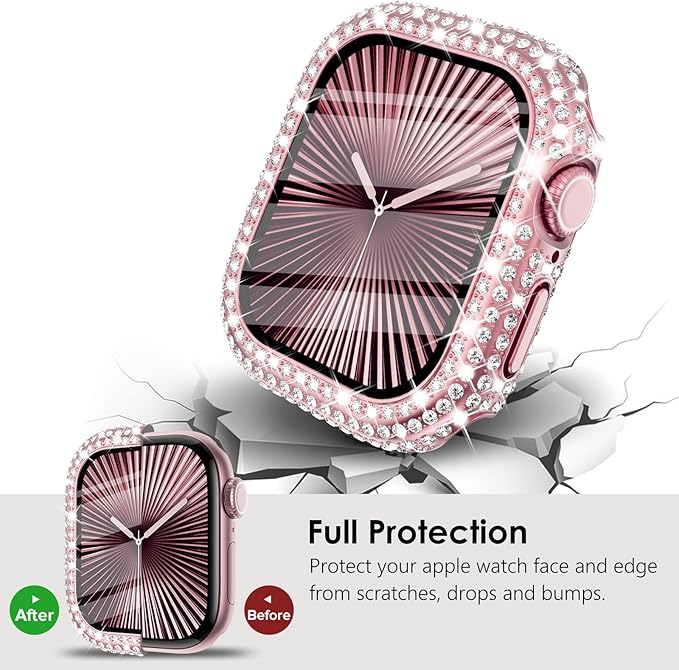 KADES Compatible with Apple Watch Series SE 6 5 4 with Built-in Tempered Glass Screen Protector Bling Crystal Diamond Rhinestone Full Protective Bumper Cover for Women (40mm,Pink) - Image 5
