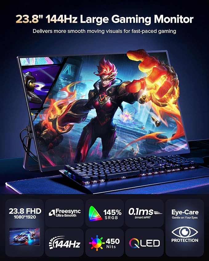 23.8'' QLED Portable Monitor 144Hz Gaming Monitor, 145%sRGB | 2000:1 | FreeSync Built-in Adjustable Stand, Speaker and VESA, USB-C HDMI Large Second Screen for Laptop, Mac-book, PC, Game Console - Image 2