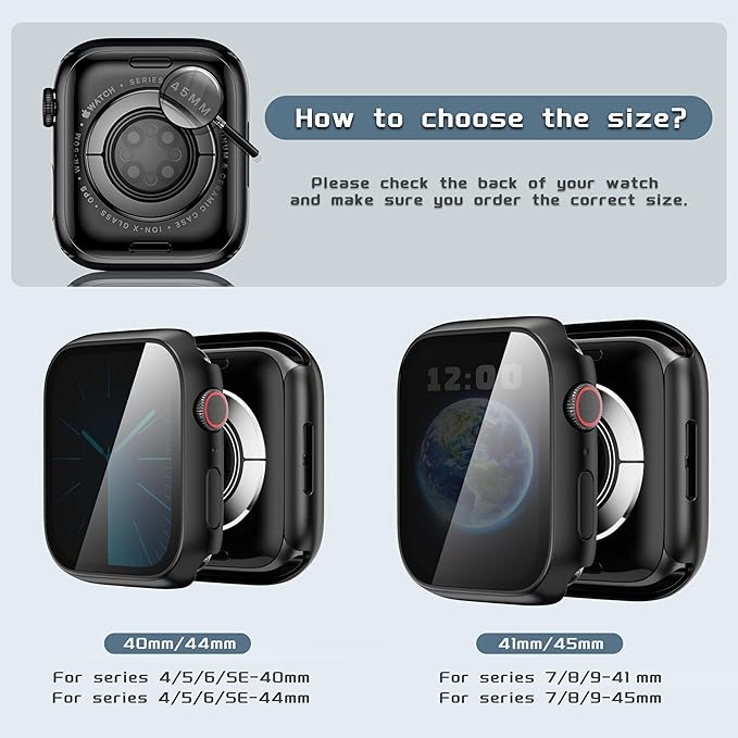 Waterproof Privacy Case Compatible with Apple Watch Series 9/8/7 45mm with Anti-peep Screen Protector, iWatch Face Cover Protective Bumper for iWatch Case 45mm Black - Image 2