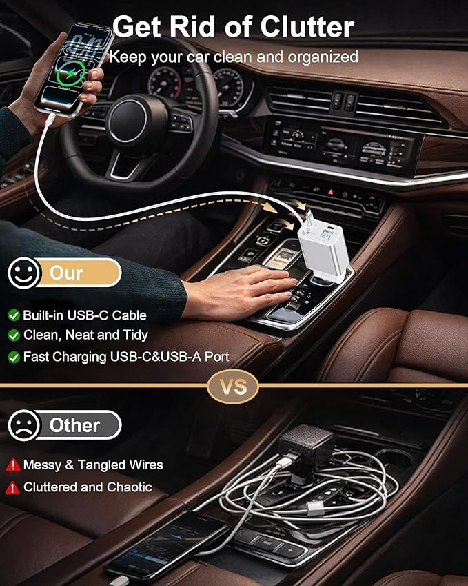 Retractable Car Phone Charger USB C, 4 in 1 Fast Car Charging Adapter with 2 Flexible USB C Cable for iPhone 17e 17 Samsung S26 Android, USBC Cigarette Lighter Gift for Men Android Auto Adapter - Image 7