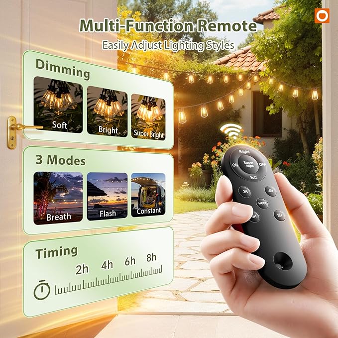 addlon 54(48+6) FT Solar String Lights Waterproof,Patio Lights Solar Powered with Remote & USB Port 15+1 LED Shatterproof Bulbs 3 Light Modes, Dimmable Solar Light for Camping Backyard Garden - Image 2