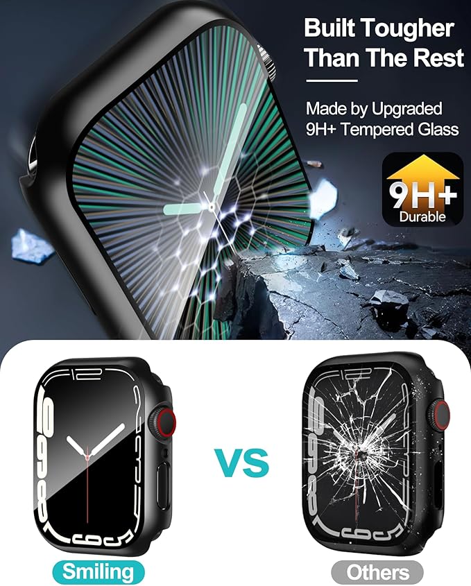 Smiling 2 Pack Case Compatible with Apple Watch Series 9 (2023)/Series 8 /Series 7 45mm with Tempered Glass Screen Protector, Hard PC Overall Protective Cover- Black - Image 3