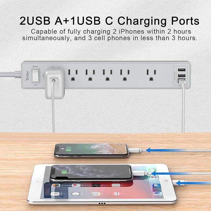 10Ft Power Strip Surge Protector - Yintar Extension Cord with 6 AC Outlets and 3 USB Ports for Home, Office, Dorm Essentials, 1680 Joules, ETL Listed, Grey - Image 3