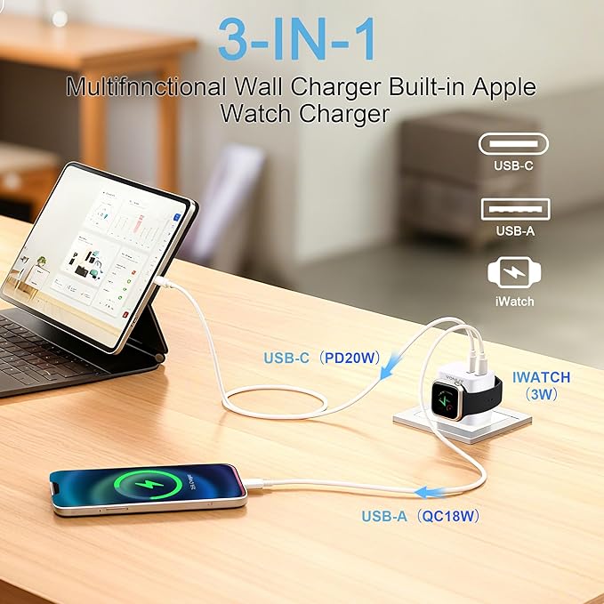 3-in-1 Adapter for Apple Watch, 20W USB C Fast Charging Block with Dual Ports & Magnetic Wireless Adapter, Portable Travel Wall Plug for iWatch Ultra/SE/11/10/9/8/7, iPhone 17/16/15/14, AirPods - Image 4