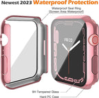 Misxi [2 Pack Waterproof Case with Button for Apple Watch Series 9 (2023) Series 8 Series 7 41mm, Hard PC Cover with Tempered Glass Screen Protector for iWatch, 1 Rose Pink + 1 Transparent - Image 5