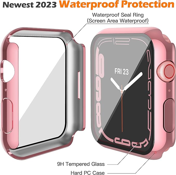 Misxi [2 Pack Waterproof Case with Button for Apple Watch Series 9 (2023) Series 8 Series 7 45mm, Hard PC Cover with Tempered Glass Screen Protector for iWatch, 1 Rose Pink + 1 Transparent - Image 5