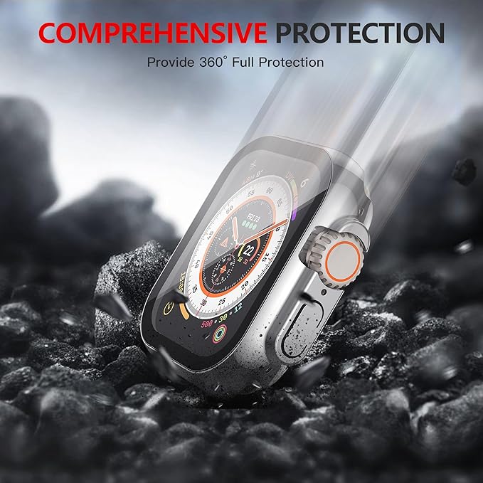 Misxi 2 Pack Hard PC Case with Tempered Glass Screen Protector Compatible with 49mm Apple Watch Ultra 3 (2025) / Ultra 2 / Ultra, Scratch Resistant Full Coverage Cover for iWatch, 1 Silver + 1 Transparent - Image 6