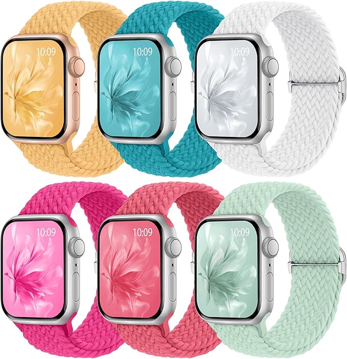 6 Pack Braided Stretchy Bands Compatible with Apple Watch Band 38mm 40mm 41mm 42mm 44mm 45mm 46mm 49mm Women Men, Adjustable Nylon Solo Loop Elastic Straps for iWatch Series 11 10 9 8 7 6 5 4 SE Ultra by KnossenWatchBand