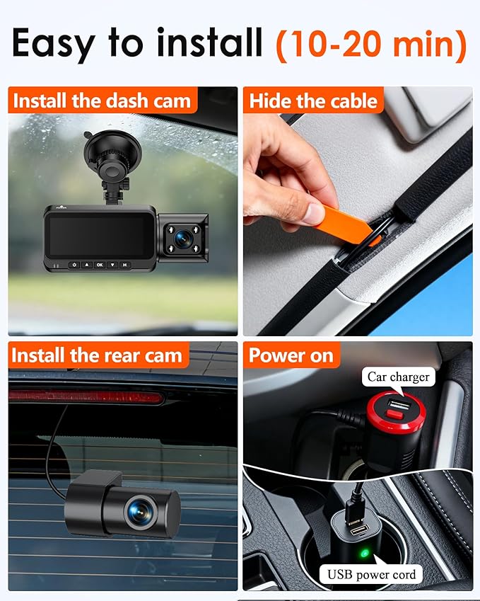 3-Channel Dash Cam 4K for Car: Front, Rear & Inside Dash Camera with 5.8G WiFi & GPS - 24H Parking Mode, 64GB Card for Rideshare Driver - Image 6