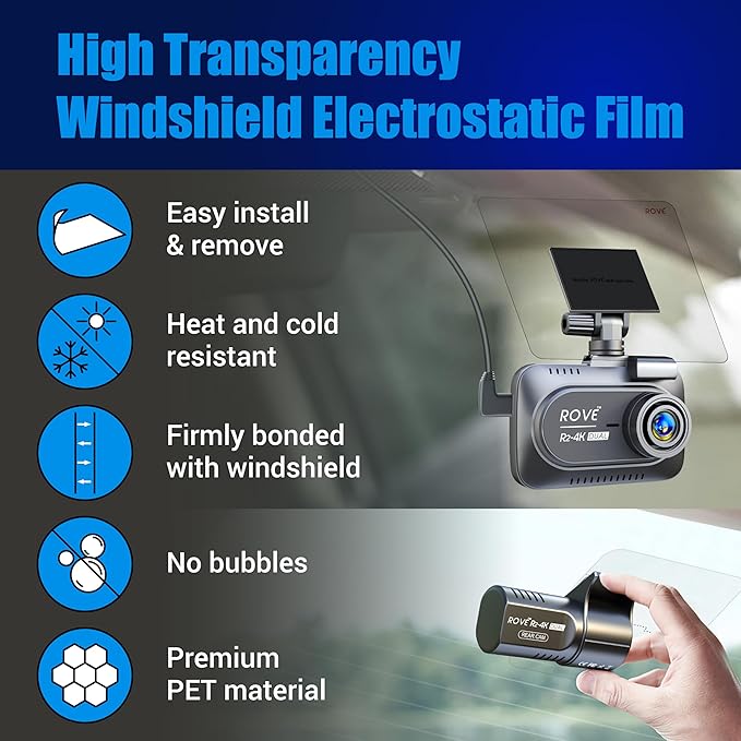 ROVE Windshield Electrostatic Films 2PCs Front (11x9.5cm) and 2 PCs Rear (6x5.5cm) for R2-4K Dual Dash Cam Model - Image 3