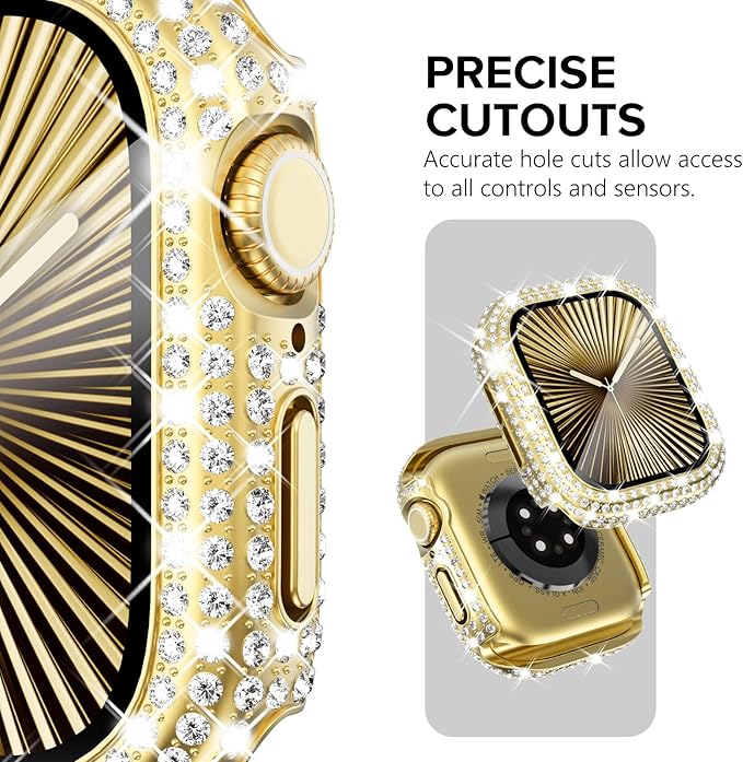 KADES Compatible with Apple Watch Series 3 2 1 with Built-in Tempered Glass Screen Protector Bling Crystal Diamond Rhinestone Full Protective Bumper Cover for Women (38mm,Gold) - Image 3