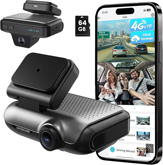 4G Dash Cam Front and Inside, Dual 2K LTE Dash Camera, Remote Live View Car Camera with 64GB TF Card, Quick App Alerts, Cloud Dash Cam, 24/7 Parking Mode, GPS, IR Night Vision, Two-Way Audio by Javiscam