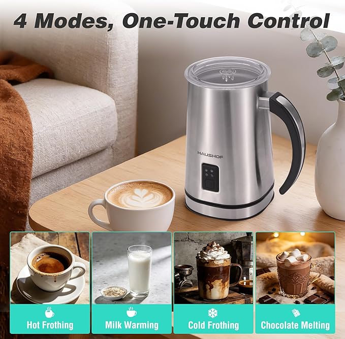 HAUSHOF Milk Frother, 4-in-1 Electric Milk Frother and Steamer, Large Capacity, Hot Chocolate Maker, Automatic Warm and Cold Foam Maker for Coffee, Latte, Macchiato, Cappuccino - Image 2