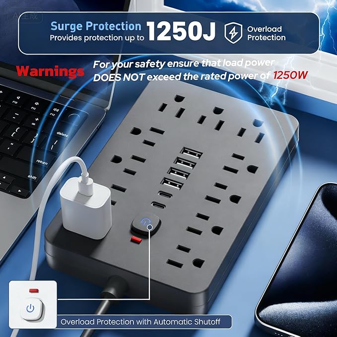 JouleLoom 10 FT Flat Plug Surge Protector Power Strip,11 Multiple AC Outlets with 6 USB Ports (2 USB C), 10 Feet Extension Cord, 1250W/10A, One Touch Switch Button, 17 in 1 Compact powerstrip - Image 8