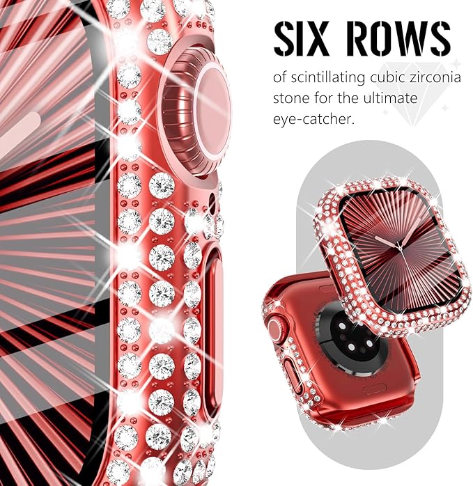 Surace Compatible with Apple Watch Series 11 Series 10 Case, 300 Crystal Diamonds with Screen Protector Overall Protective Case Face Cover Bling Bumper Case for Apple Watch 10 11 46mm, Red - Image 3