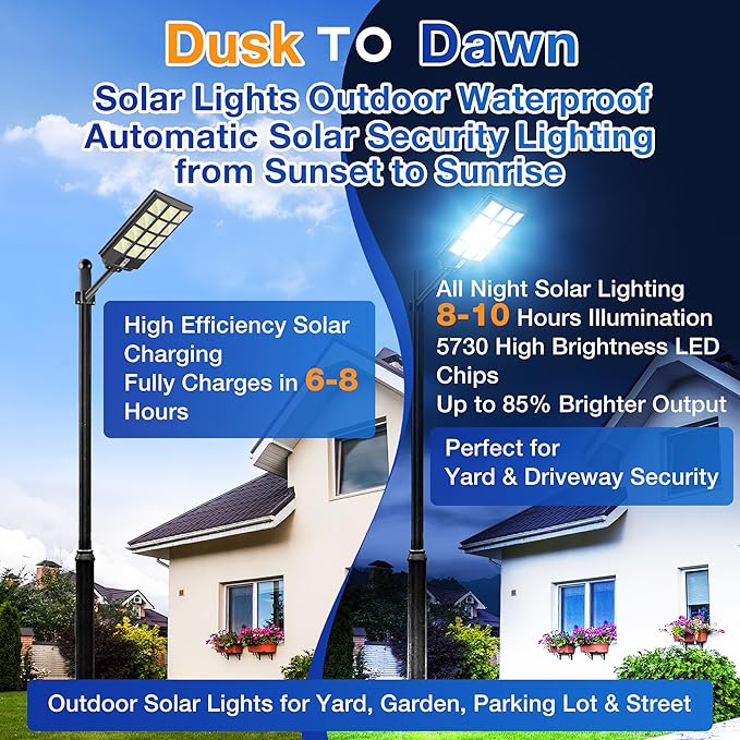 Solar Lights Outdoor Waterproof, 8000W Solar Street Light with Motion Sensor, 7000K Dusk to Dawn Security Flood Lights IP66, Commercial Outdoor Lighting for Parking Lot, Yard, Driveway, Farm(2 Pack) - Image 5