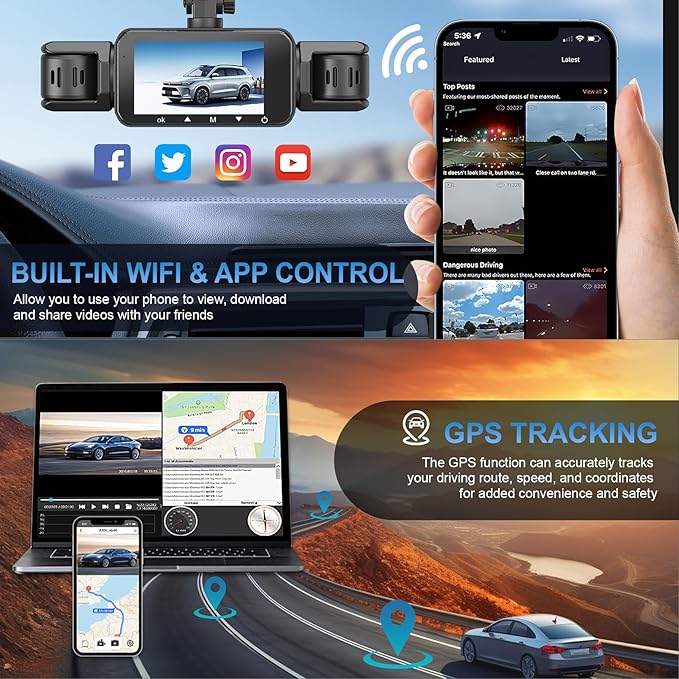 4 Channel Dash Cam, Front and Rear, 360 Dash Camera for Cars, 1080P FHD x4, Front 2K+1080P*2 Inside Camera, Built-in WiFi, GPS, Night Vision, 24/7 Recording Parking Mode Monitor, Free 64G Card - Image 6