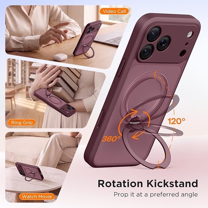 GolbinBox 360° Spin Magnetic Stand for iPhone 17 Pro Max Case, [Compatible with MagSafe] [Full Camera Protection] [16FT Military Drop Protection], Silm Translucent Matte Phone Case, Wine Red - Image 3