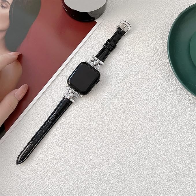 Leather Band Compatible with Apple Watch Bands for Women, Dressy Fancy Strap for iWatch Series 11/10/9/8/7/6/5/4/3/2/1/se(38mm 40mm 41mm 42mm,Black/Silver) - Image 2