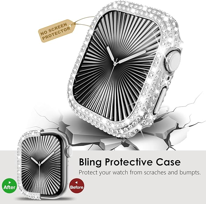KADES Bling Case Compatible for Apple Watch Series SE3/SE2/6/5/4/SE 40mm, Sparkly Full Diamond Protective PC Bumper Cover, Rhinestone Frame for Women, 40mm-Silver - Image 5