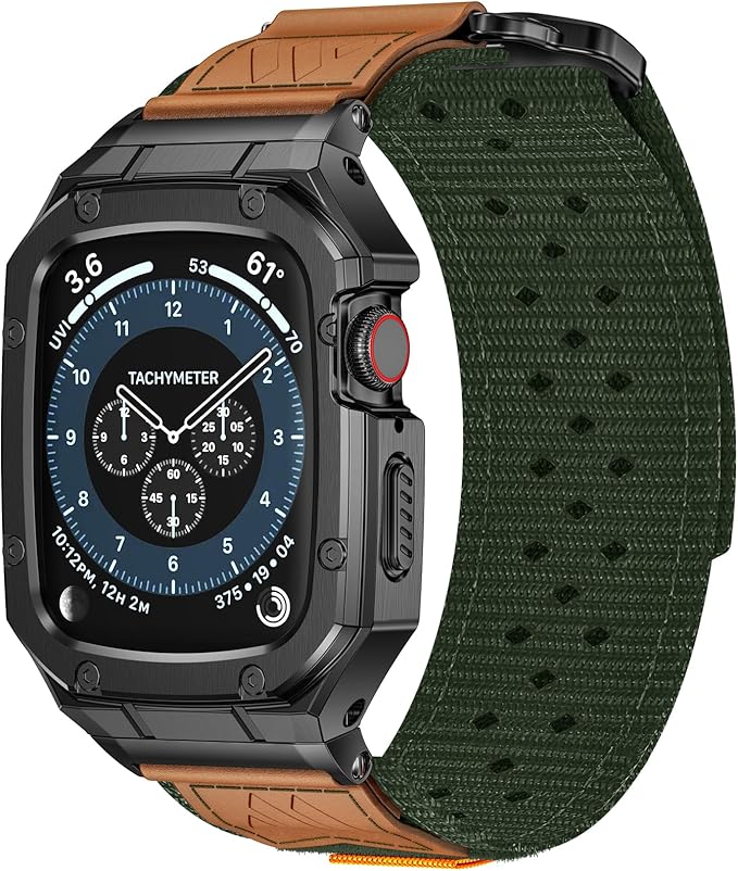 BAITEYOU Band with Case Compatible with Apple Watch Band 45mm Series 9 8 7, Nylon Strap with Stainless Steel Metal Rugged Case Cover for iwatch Bands for Men by HighInnovativeBandAndCase