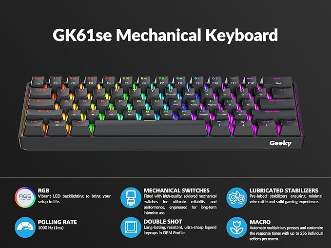 Geeky GK61 SE 60% | Mechanical Gaming Keyboard | 61 Keys Multi Color RGB LED Backlit for PC/Mac Gamer | ANSI US American Layout (Black, Mechanical Black) - Image 5