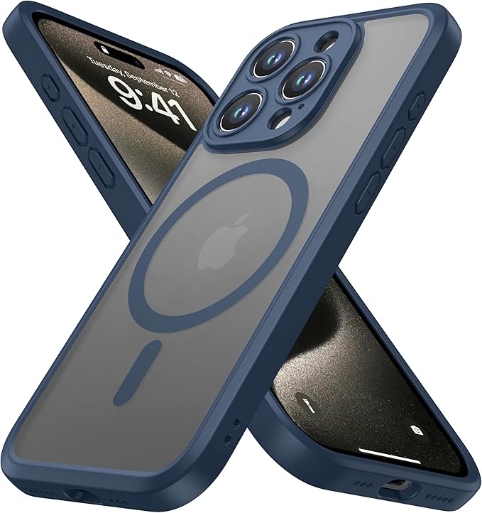 ImpactStrong Magnetic Guard Designed for iPhone 15 Pro Max Case [Camera Protection] [Military Grade Drop Tested] [Compatible with MagSafe] Slim Translucent Matte Phone Case (6.7") - Navy Blue by IMPACTSTRONG