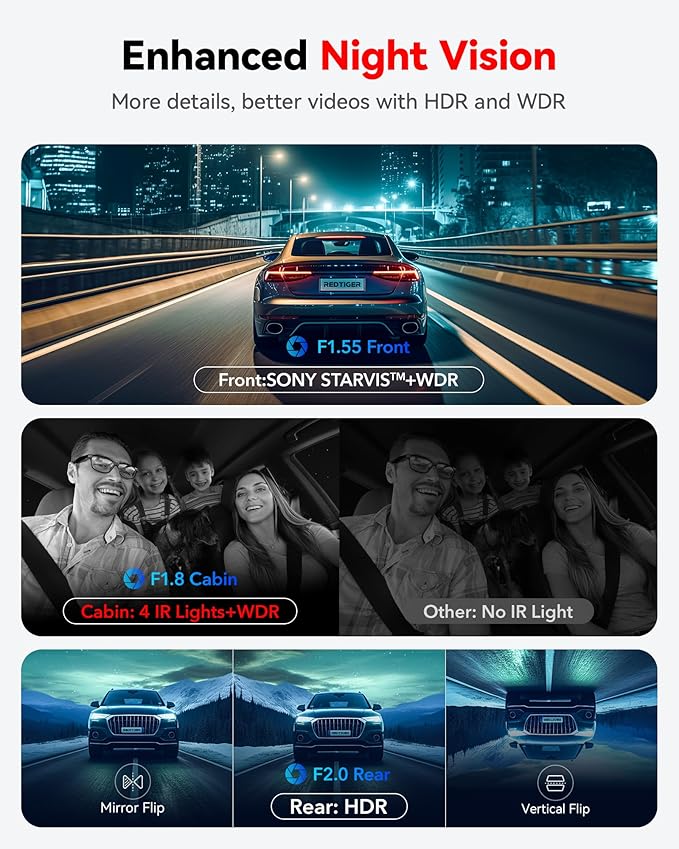 REDTIGER F17 &256GB Micro SD Card, 4K 3 Channel Dash Cam, 5GHz WiFi Built-in GPS with 64GB Card, 2160P+1080P+1080P Front and Rear Inside, Triple Car Camera with 3 Inch Screen, IR Night Vision - Image 4