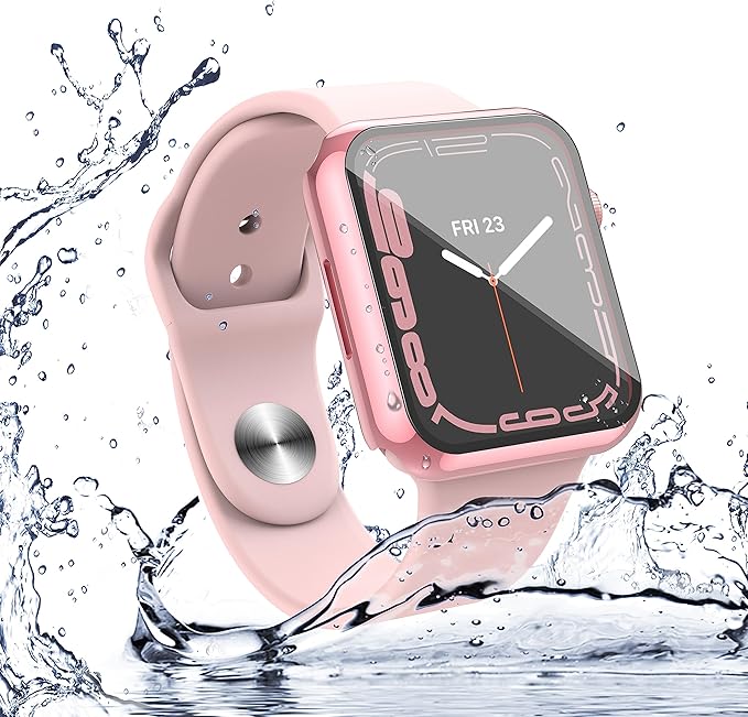 Misxi [2 Pack Waterproof Case with Button for Apple Watch Series 9 (2023) Series 8 Series 7 45mm, Hard PC Cover with Tempered Glass Screen Protector for iWatch, 1 Rose Pink + 1 Transparent - Image 6
