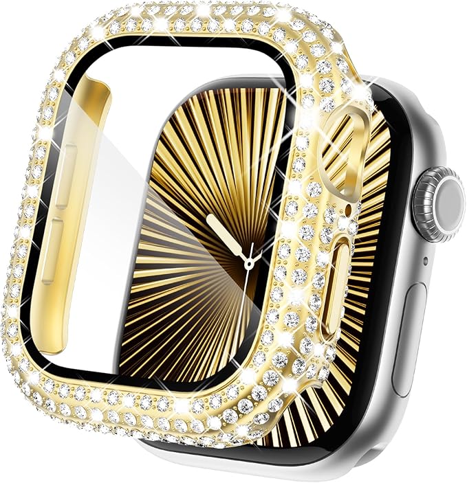 KADES Compatible with Apple Watch Series 3 2 1 with Built-in Tempered Glass Screen Protector Bling Crystal Diamond Rhinestone Full Protective Bumper Cover for Women (38mm,Gold) by KADES