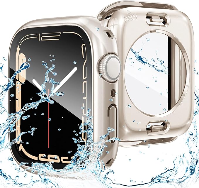 Goton 2 in 1 Waterproof Case for Apple Watch Series 9 8 7 Screen Protector 45mm, 360 Protective Glass Face Cover Hard PC Bumper + Back Frame for iWatch Accessories 45 mm by Goton