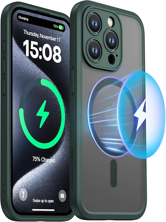 ImpactStrong Magnetic Guard Designed for iPhone 15 Pro Case [Camera Protection] [Military Grade Drop Tested] [Compatible with MagSafe] Slim Translucent Matte Phone Case (6.1") - Dark Green - Image 8