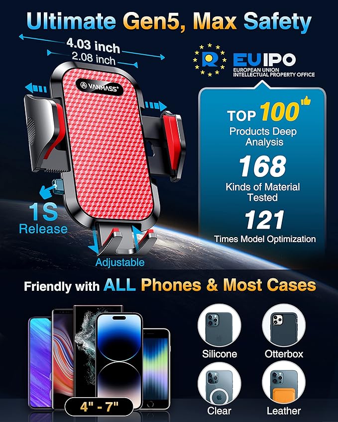 VANMASS [True Military-Grade] Car Phone Holder [Best Suction & Clip] Cell Phone Mount for Dashboard Windshield Vent Truck Cradle Dash Stand for iPhone 15 Pro Max 14 13 12 Android, Red - Image 5