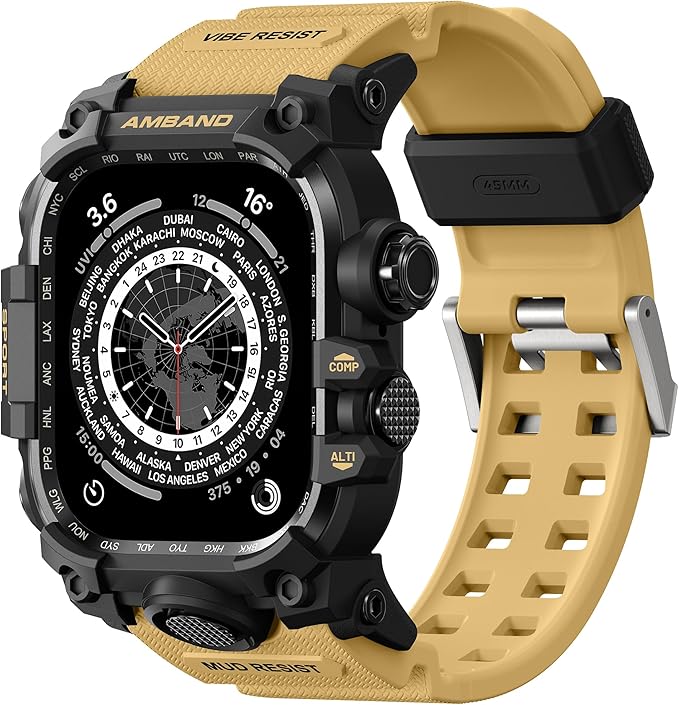 amBand Rugged Case with Band for Apple Watch 45mm, Compatible with Apple Watch (iWatch) Series 9/8/7, Military Grade Shockproof Bumper Cover, Tactical Band for Men, Sand Beige by amBand
