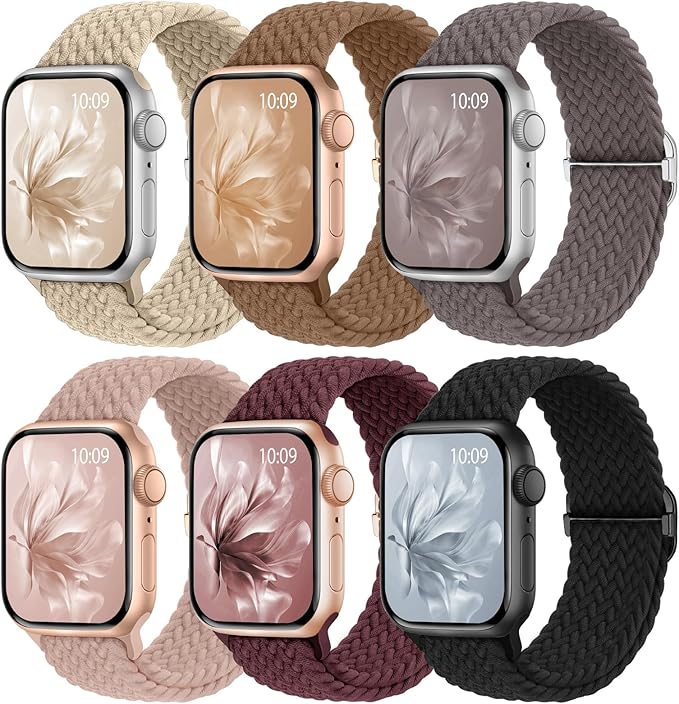 6 Pack Braided Stretchy Bands Compatible with Apple Watch Band 38mm 40mm 41mm 42mm 44mm 45mm 46mm 49mm Women Men, Adjustable Nylon Solo Loop Elastic Straps for iWatch Series 11 10 9 8 7 6 5 4 SE Ultra by KnossenWatchBand