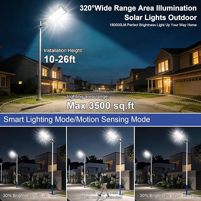 2‑Pack Solar Street Lights Outdoor, 9800W Super Bright LED Solar Powered Street Lamps with Motion Sensor, Dusk to Dawn, IP67 Waterproof for Yard, Garden, Parking Lot, Driveway, Farm - Image 3